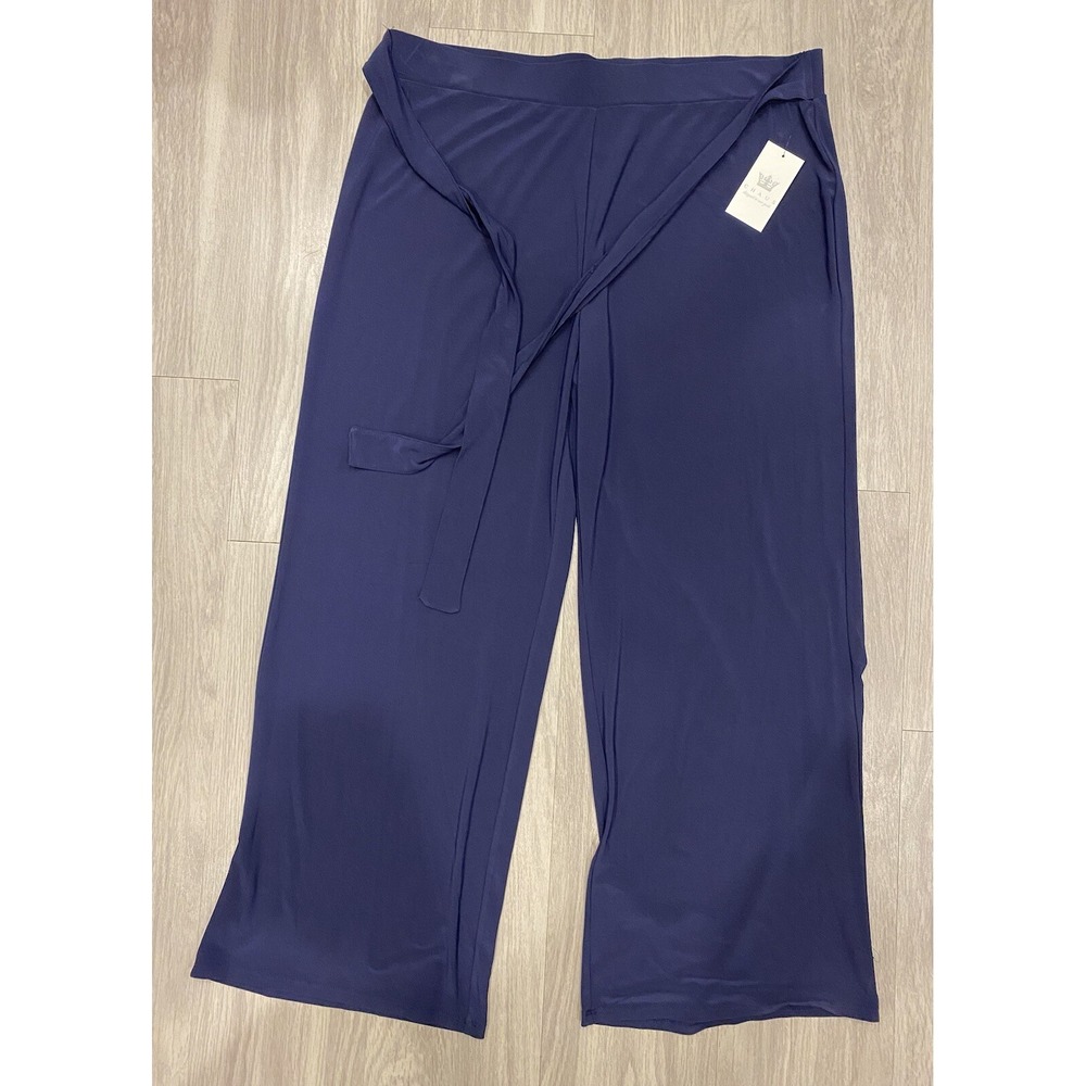 Chaus Womens Performance Stretch Wide Leg Belted Pants XL‎ Navy Blue New NWT $59